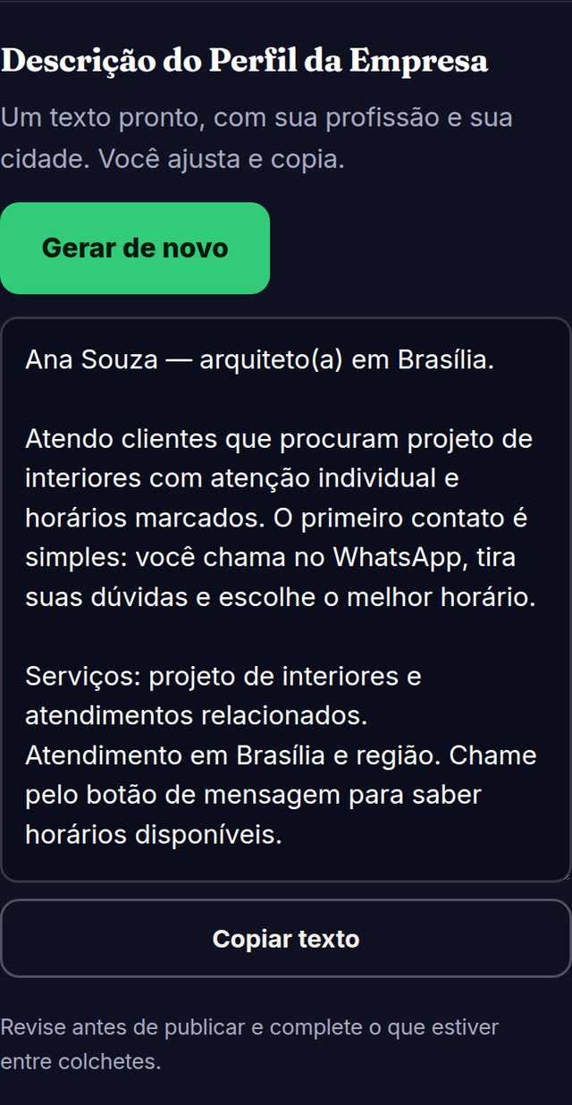 Tela do Já Faturou com a descrição do Perfil da Empresa gerada para arquitetos