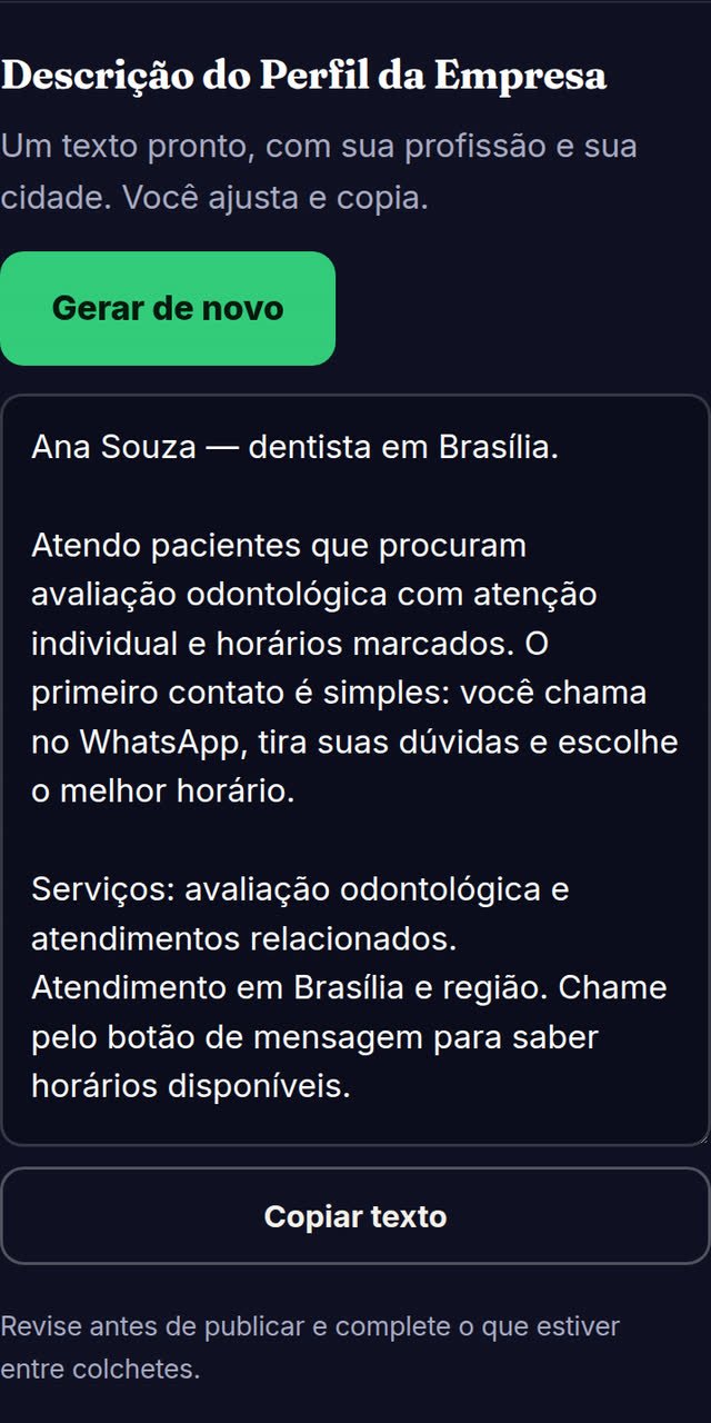 Tela do Já Faturou com a descrição do Perfil da Empresa gerada para dentistas