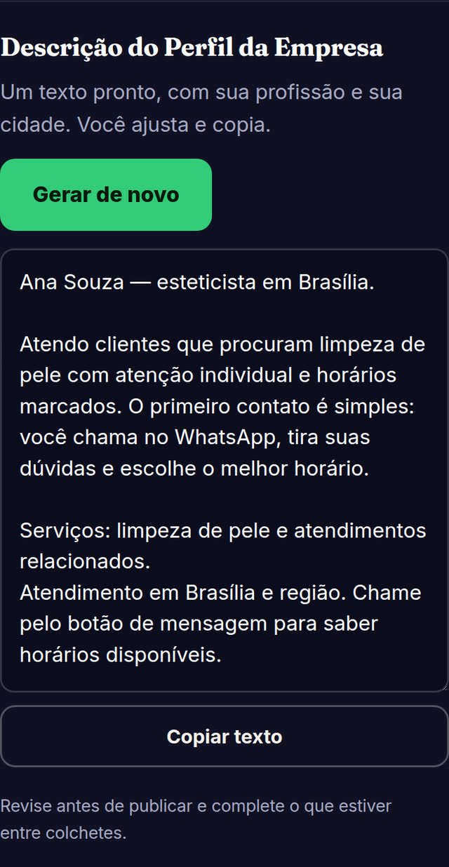 Tela do Já Faturou com a descrição do Perfil da Empresa gerada para esteticistas