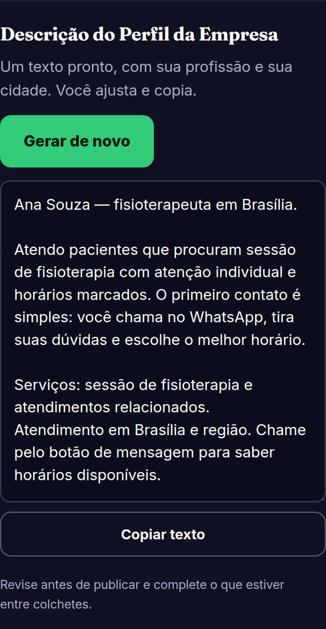Tela do Já Faturou com a descrição do Perfil da Empresa gerada para fisioterapeutas