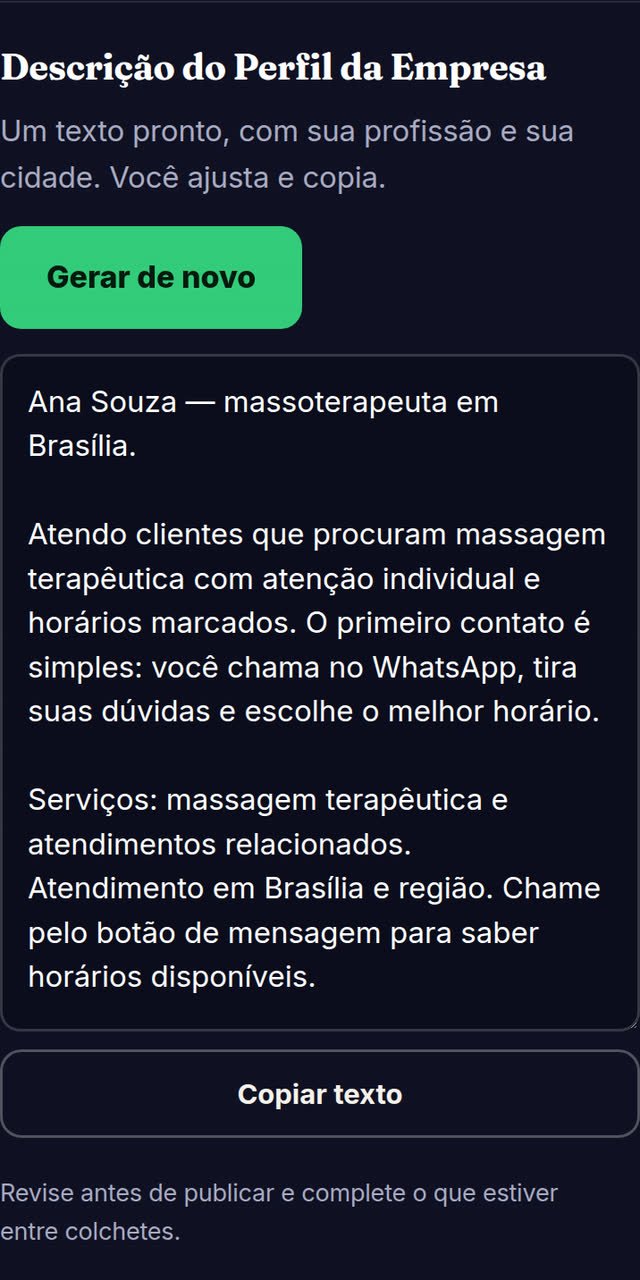 Tela do Já Faturou com a descrição do Perfil da Empresa gerada para massoterapeutas