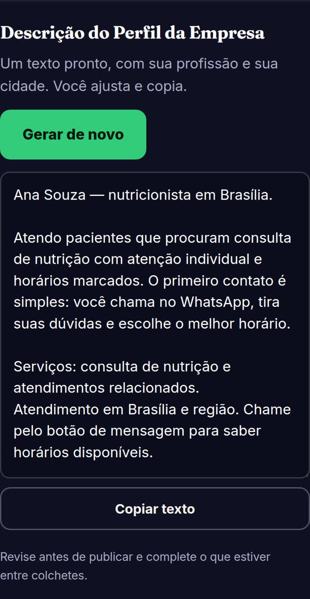 Tela do Já Faturou com a descrição do Perfil da Empresa gerada para nutricionistas