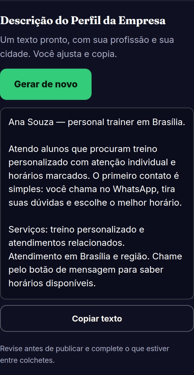 Tela do Já Faturou com a descrição do Perfil da Empresa gerada para personal trainers