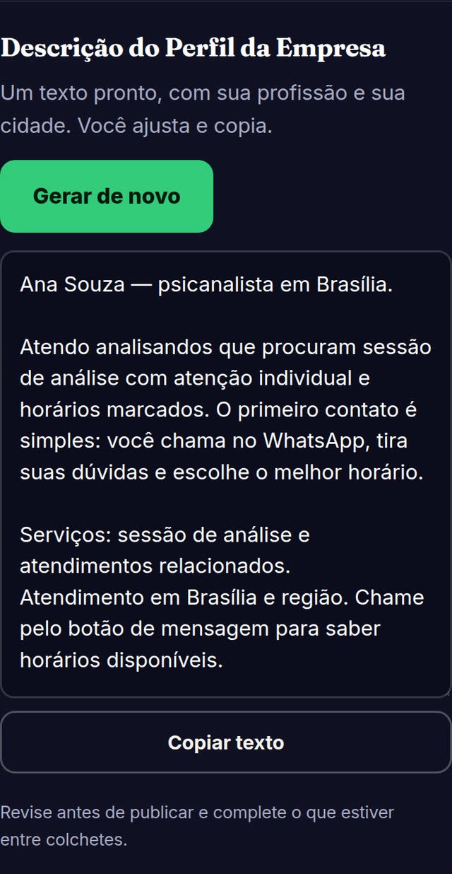 Tela do Já Faturou com a descrição do Perfil da Empresa gerada para psicanalistas