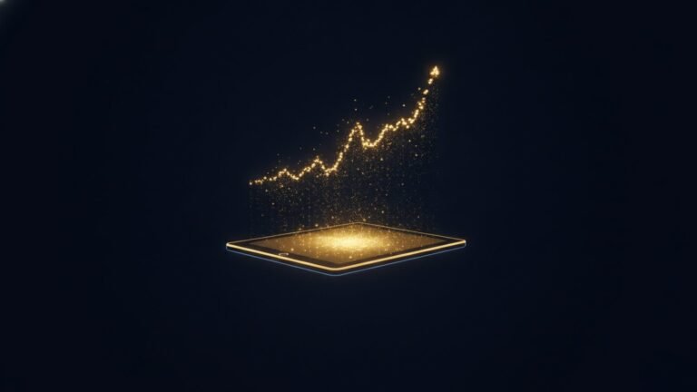 Tablet dourado com gráfico de vendas ascendente — guia de Amazon KDP