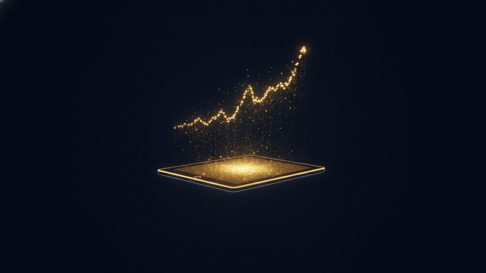 Tablet dourado com gráfico de vendas ascendente — guia de Amazon KDP