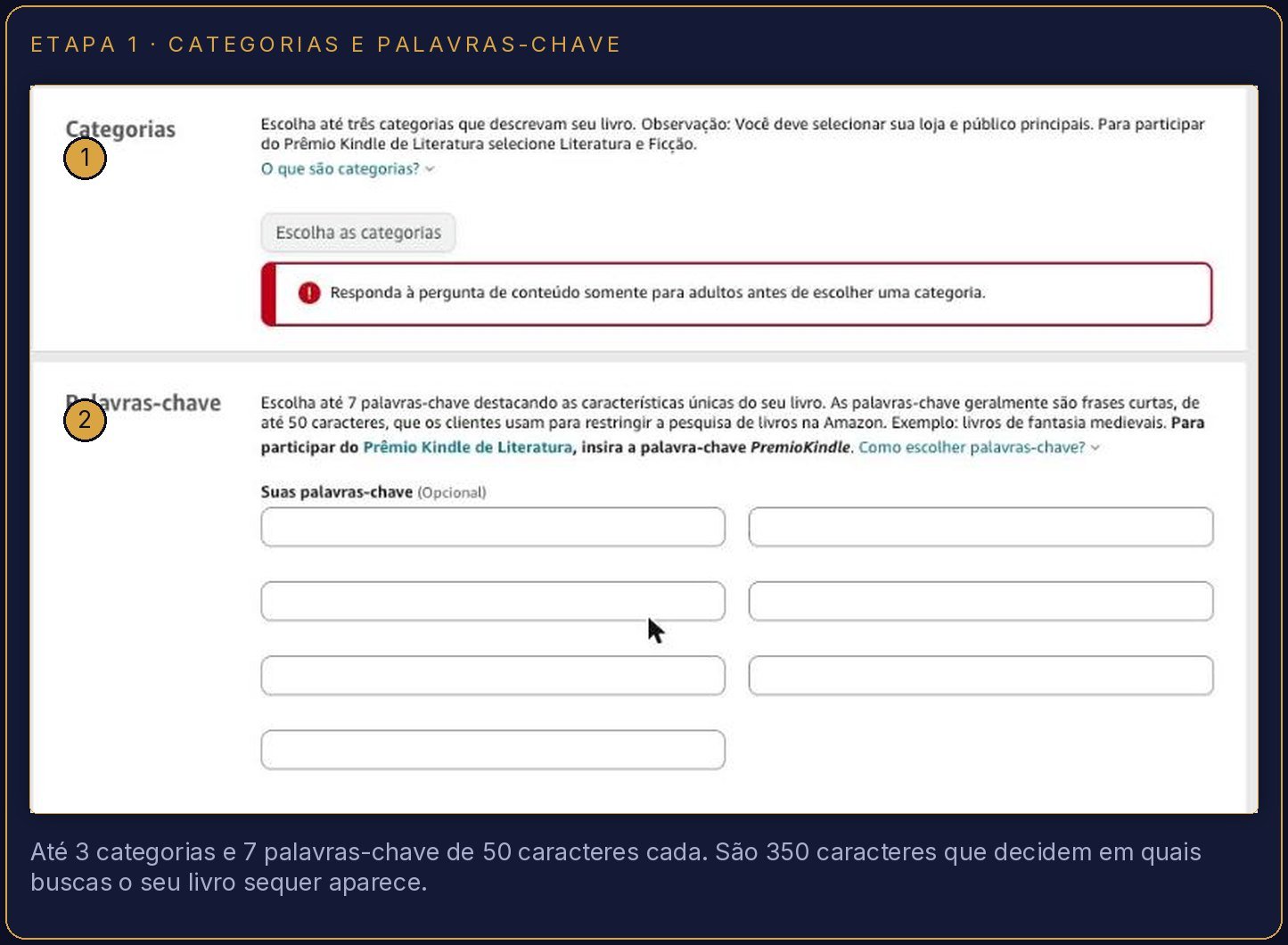 Bloco de Categorias e Palavras-chave do KDP com os 7 campos de 50 caracteres