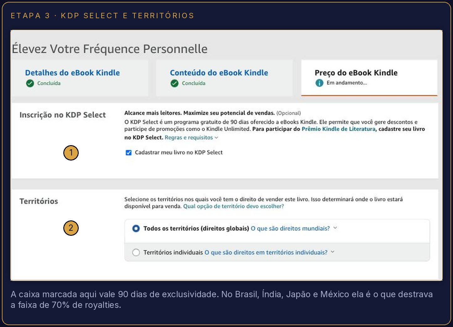 Caixa de inscrição no KDP Select marcada e seleção de territórios globais no painel do KDP
