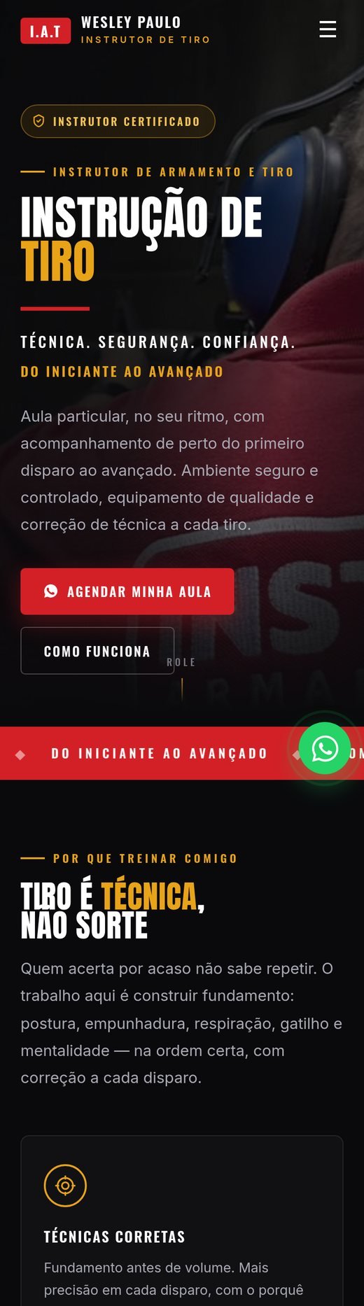 Prévia no celular do site de um instrutor de tiro em Brasília
