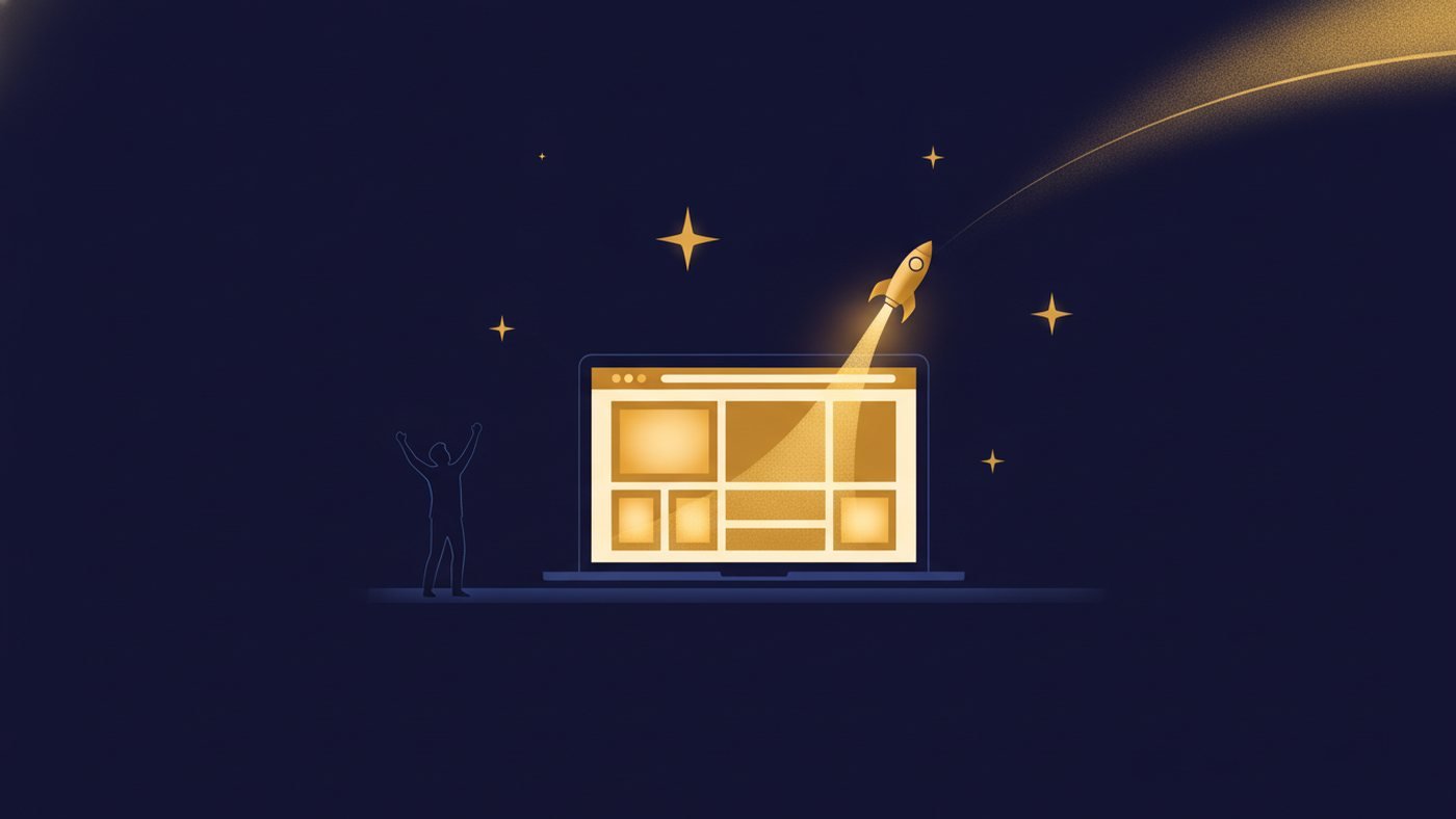 Ilustração: um foguete dourado decola da tela do notebook com o site pronto, enquanto o dono do negócio comemora