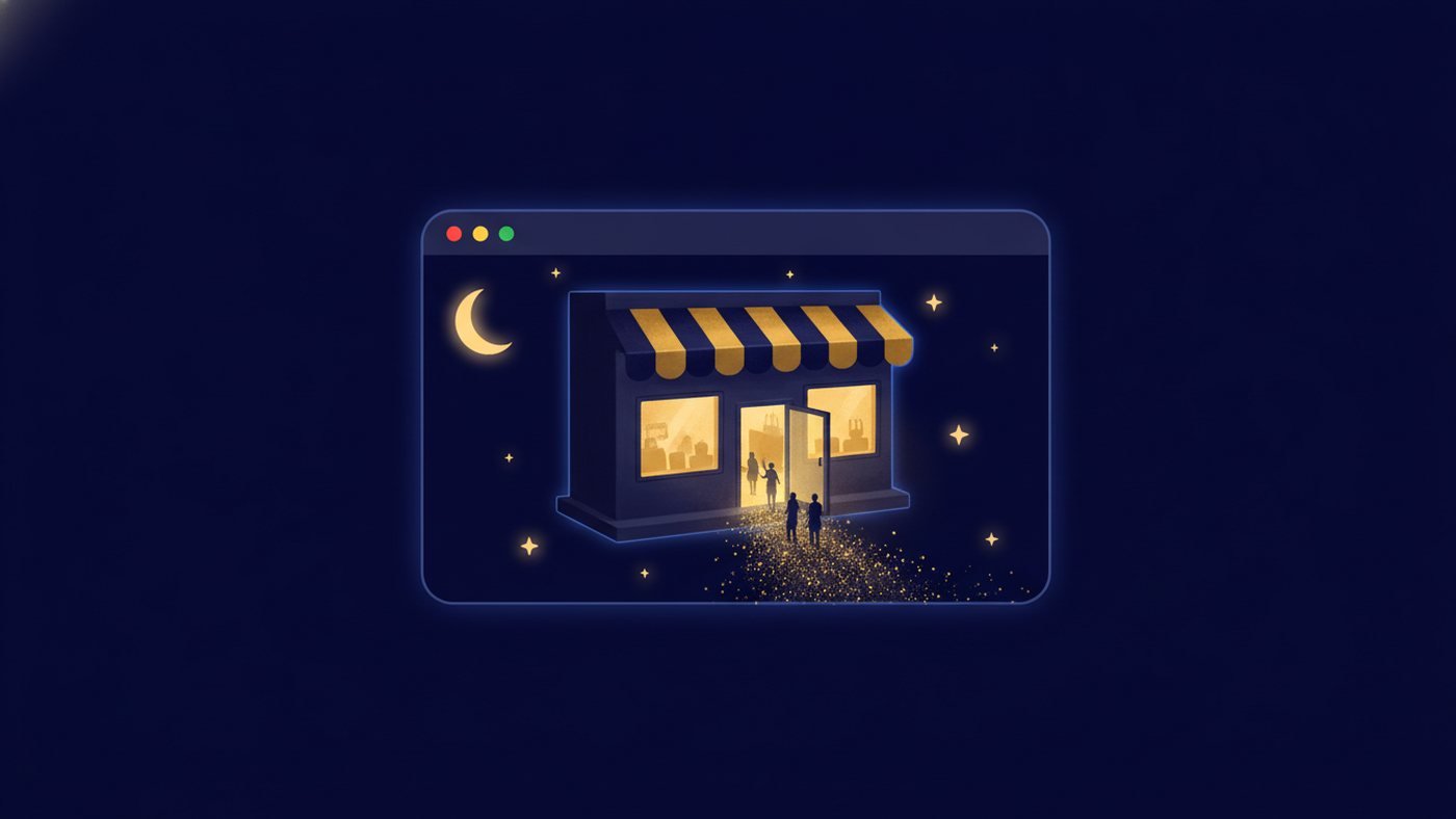 Ilustração: dentro de uma janela de navegador, uma lojinha com a porta acesa recebe clientes durante a noite enquanto o dono dorme