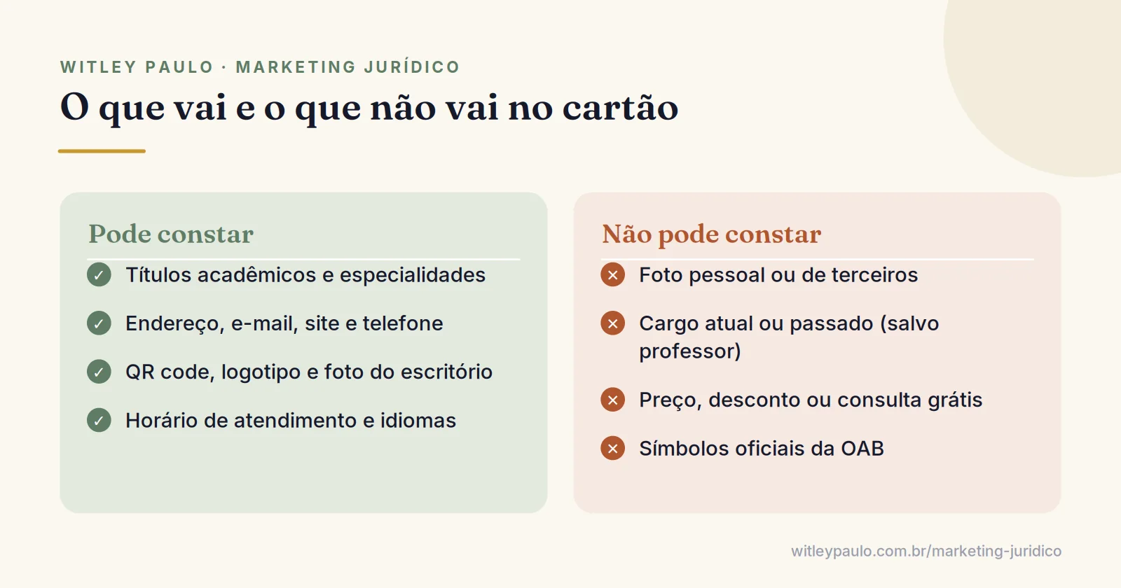 Comparação do que pode e do que não pode constar no cartão de visita de advogado segundo o art. 44 do CED
