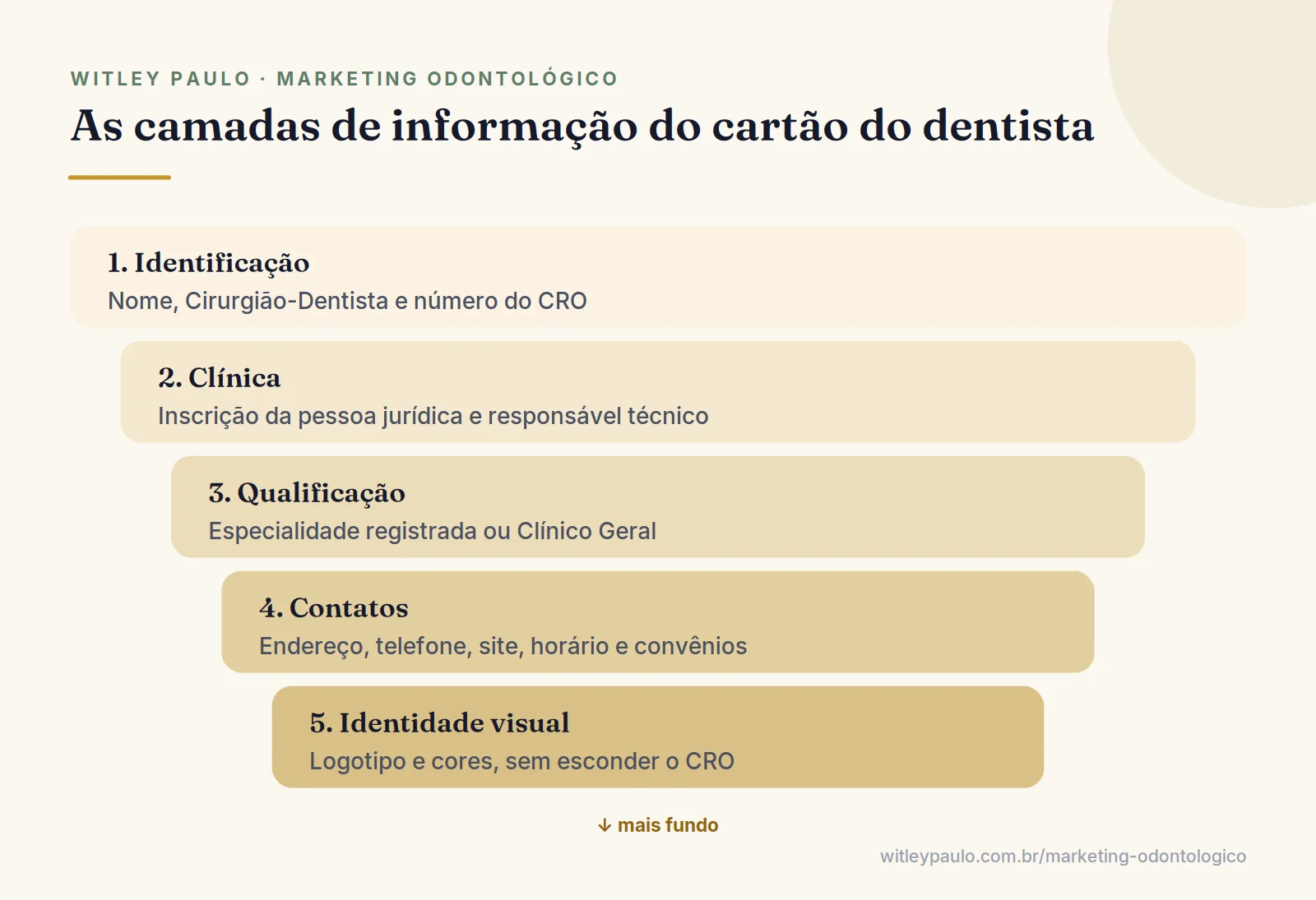 Camadas de informação do cartão de visita de dentista: identificação obrigatória, especialidade, contatos e identidade visual