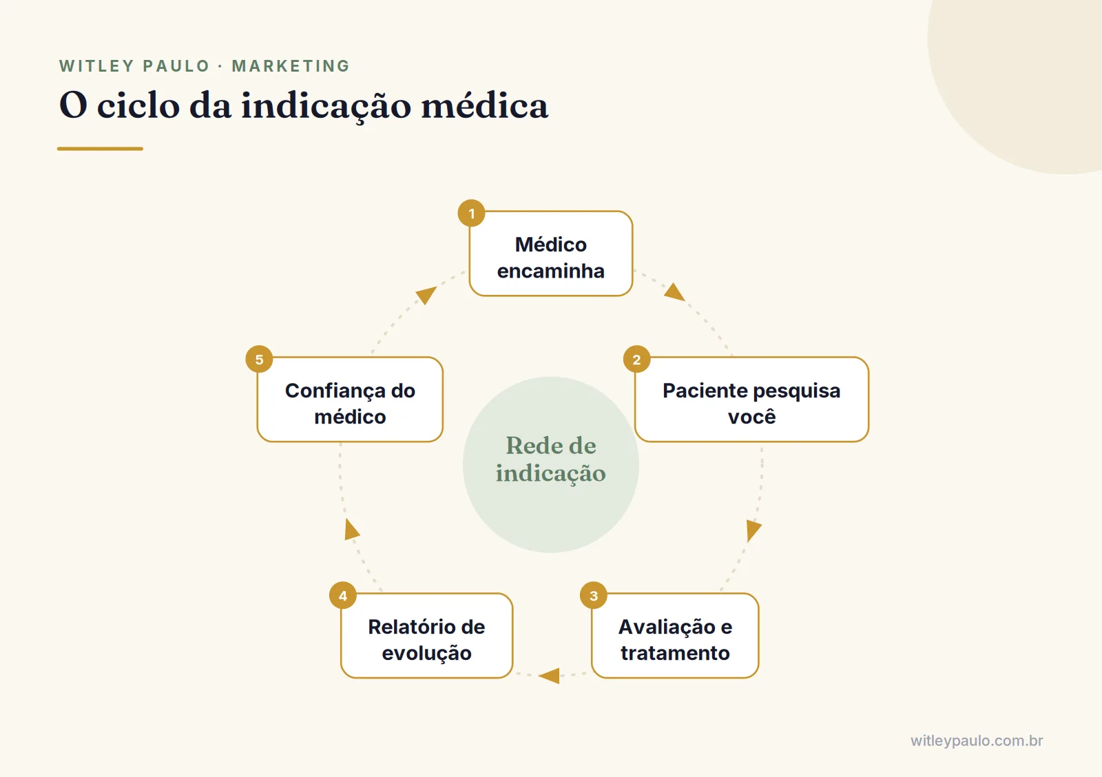 Ciclo da rede de indicação no marketing para fisioterapeutas: o médico encaminha, o fisioterapeuta trata e devolve relatório