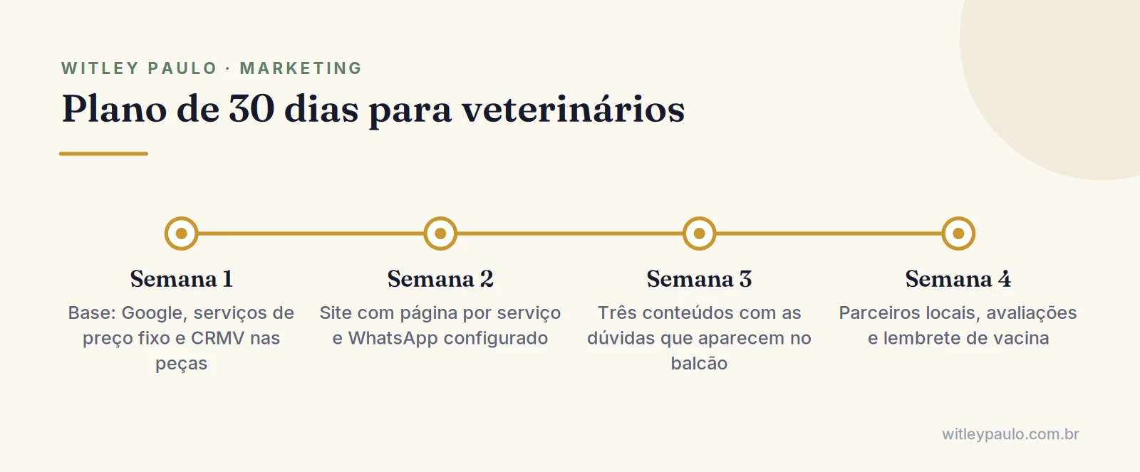 Linha do tempo do plano de 30 dias de marketing para veterinários: base no Google, site, conteúdo e relacionamento