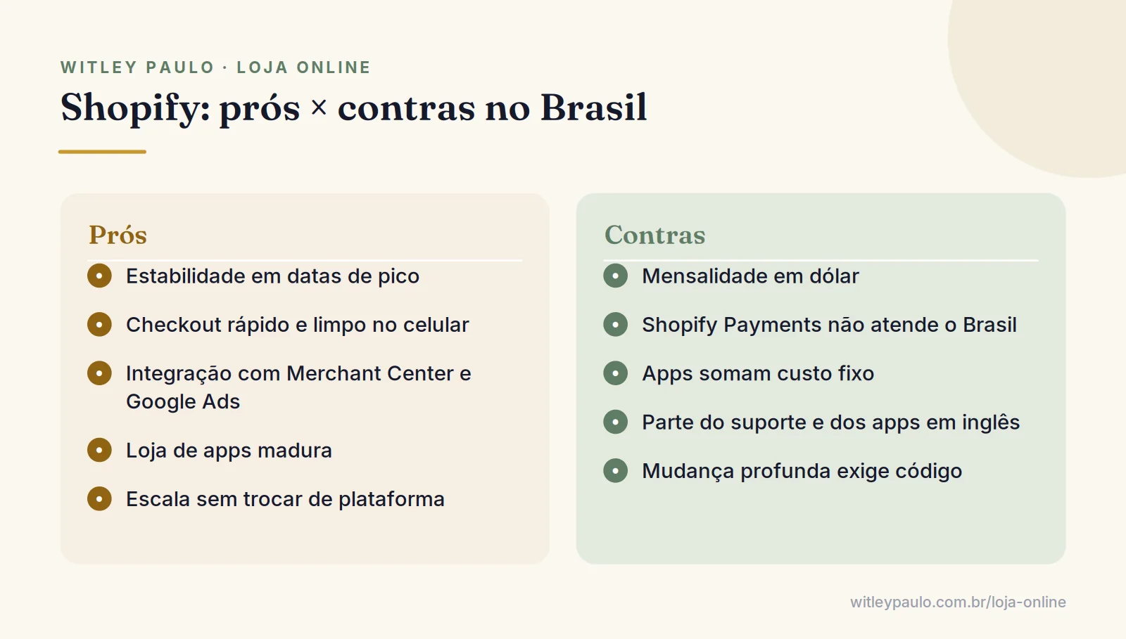 Comparação que responde se a Shopify vale a pena: prós como estabilidade e checkout, contras como dólar e gateway de terceiros