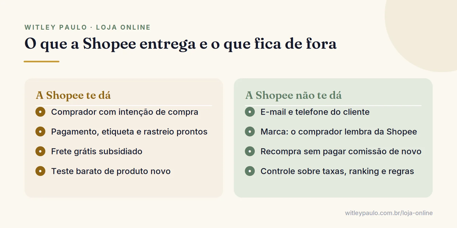 Comparação entre o que a Shopee entrega ao vendedor, como tráfego e etiqueta, e o que não entrega, como cliente, marca e dados